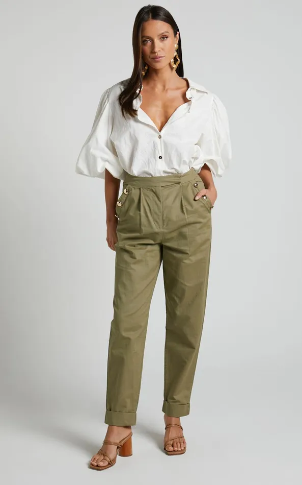 Showpo Amalie The Label 8211 Mael Linen Blend High Waisted Tapered Pants In Khaki Women Pants
