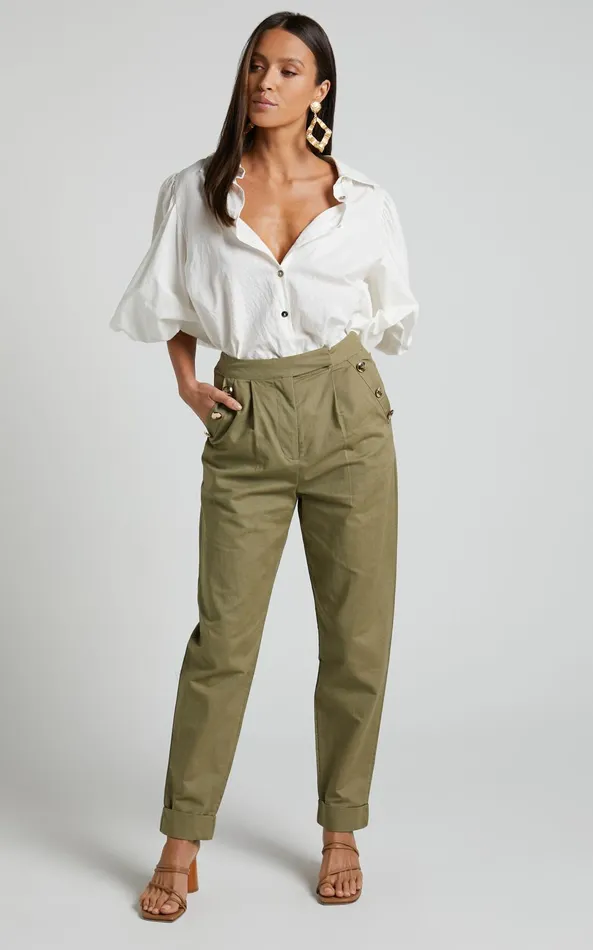 Showpo Amalie The Label 8211 Mael Linen Blend High Waisted Tapered Pants In Khaki Women Pants