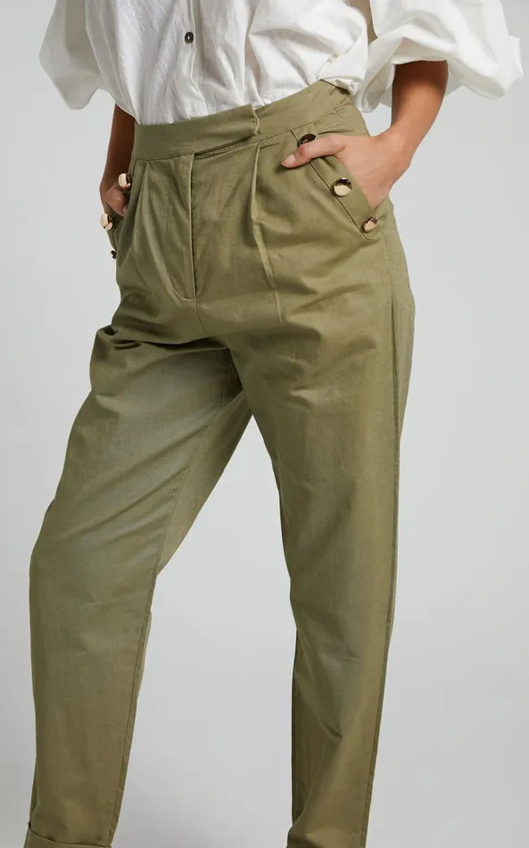Showpo Amalie The Label 8211 Mael Linen Blend High Waisted Tapered Pants In Khaki Women Pants
