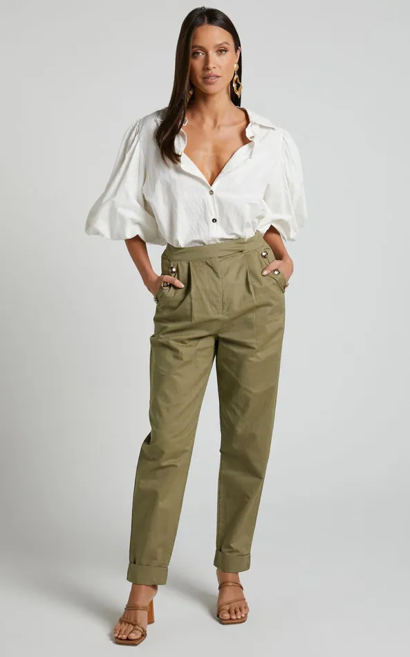 Showpo Amalie The Label 8211 Mael Linen Blend High Waisted Tapered Pants In Khaki Women Pants