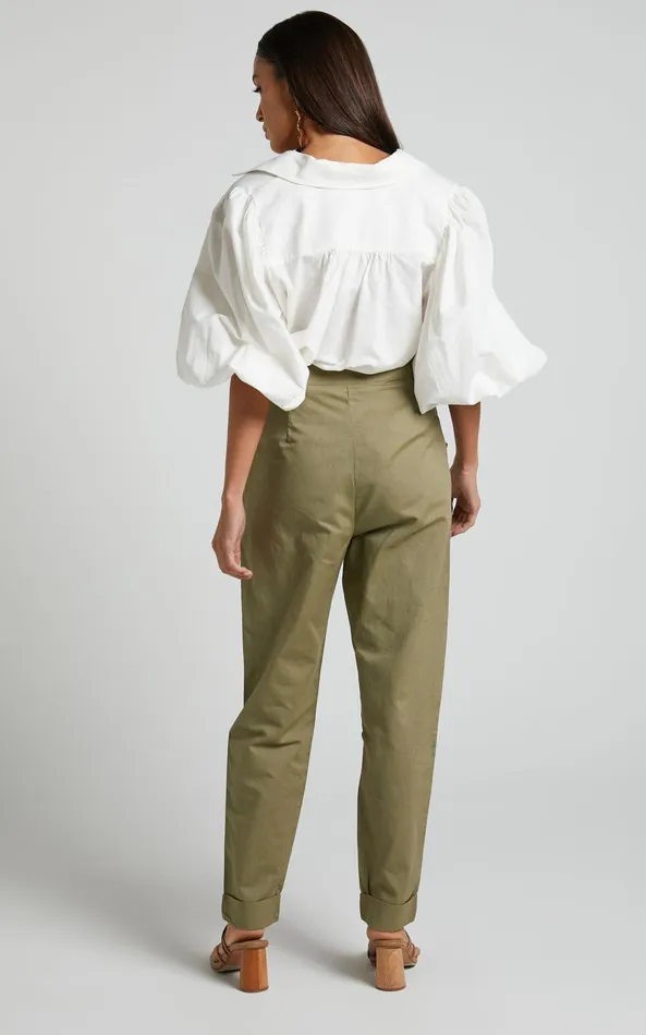 Showpo Amalie The Label 8211 Mael Linen Blend High Waisted Tapered Pants In Khaki Women Pants