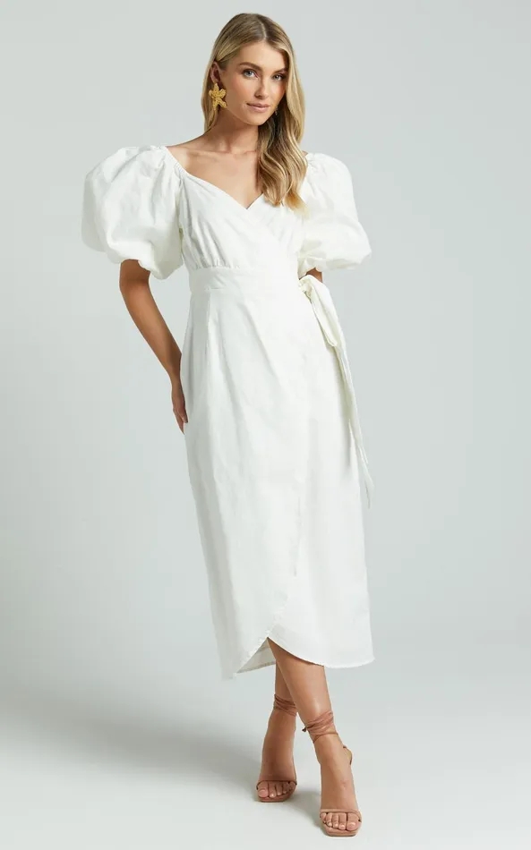 Showpo Amalie The Label 8211 Maelle Linen Blend Short Puff Sleeve Wrap Midi Dress In White Women Dresses