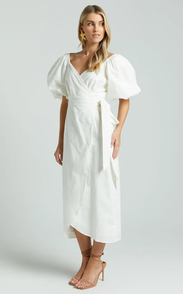 Showpo Amalie The Label 8211 Maelle Linen Blend Short Puff Sleeve Wrap Midi Dress In White Women Dresses