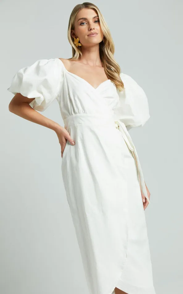 Showpo Amalie The Label 8211 Maelle Linen Blend Short Puff Sleeve Wrap Midi Dress In White Women Dresses