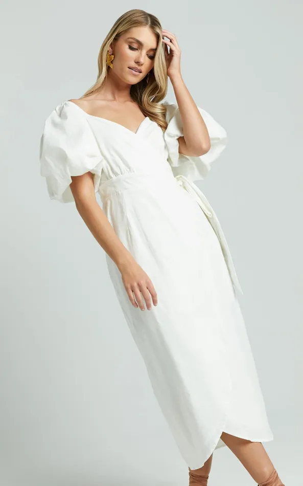 Showpo Amalie The Label 8211 Maelle Linen Blend Short Puff Sleeve Wrap Midi Dress In White Women Dresses