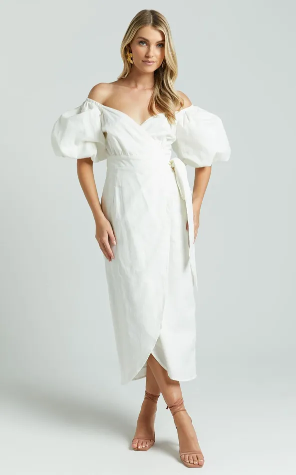Showpo Amalie The Label 8211 Maelle Linen Blend Short Puff Sleeve Wrap Midi Dress In White Women Dresses
