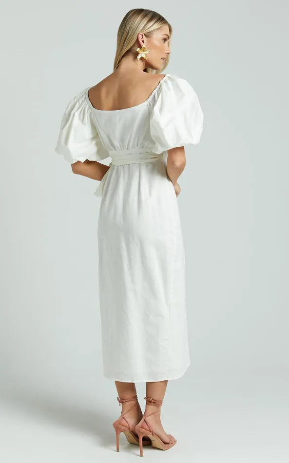 Showpo Amalie The Label 8211 Maelle Linen Blend Short Puff Sleeve Wrap Midi Dress In White Women Dresses