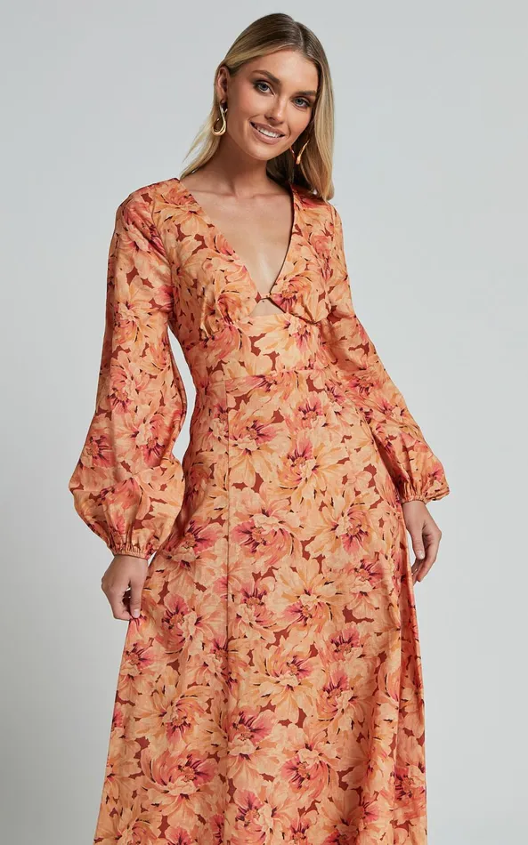 Showpo Amalie The Label 8211 Maraien Linen Blend V Neck Front Keyhole Maxi Dress In Valencia Print Women Dresses