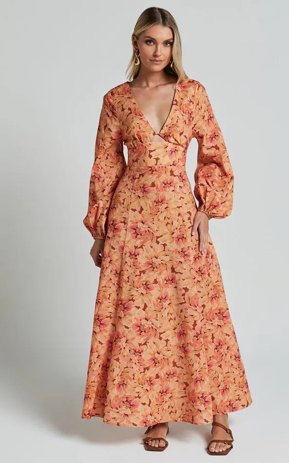 Showpo Amalie The Label 8211 Maraien Linen Blend V Neck Front Keyhole Maxi Dress In Valencia Print Women Dresses
