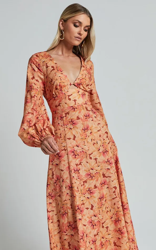 Showpo Amalie The Label 8211 Maraien Linen Blend V Neck Front Keyhole Maxi Dress In Valencia Print Women Dresses