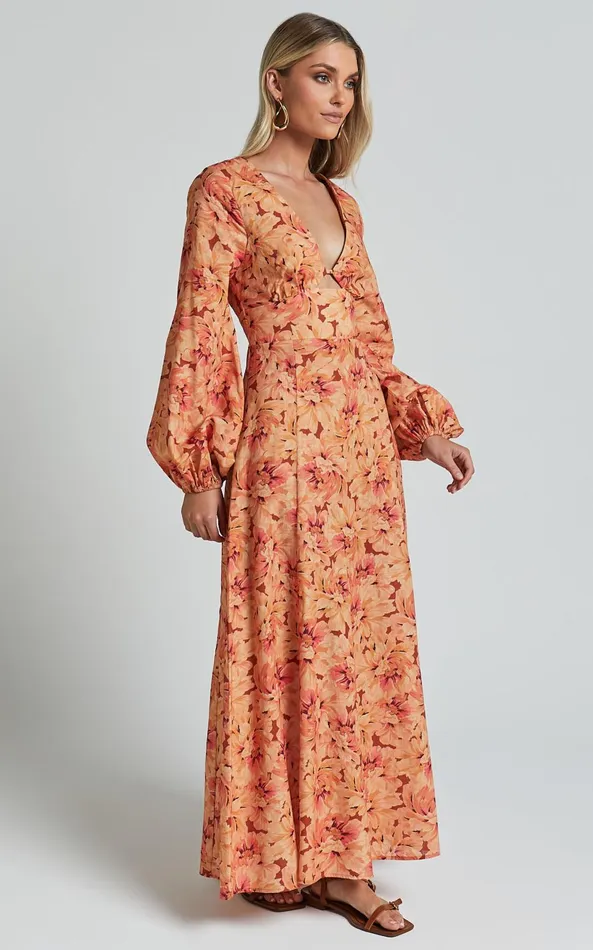 Showpo Amalie The Label 8211 Maraien Linen Blend V Neck Front Keyhole Maxi Dress In Valencia Print Women Dresses