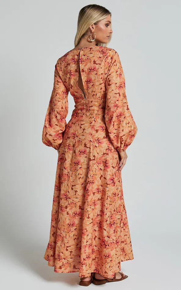 Showpo Amalie The Label 8211 Maraien Linen Blend V Neck Front Keyhole Maxi Dress In Valencia Print Women Dresses