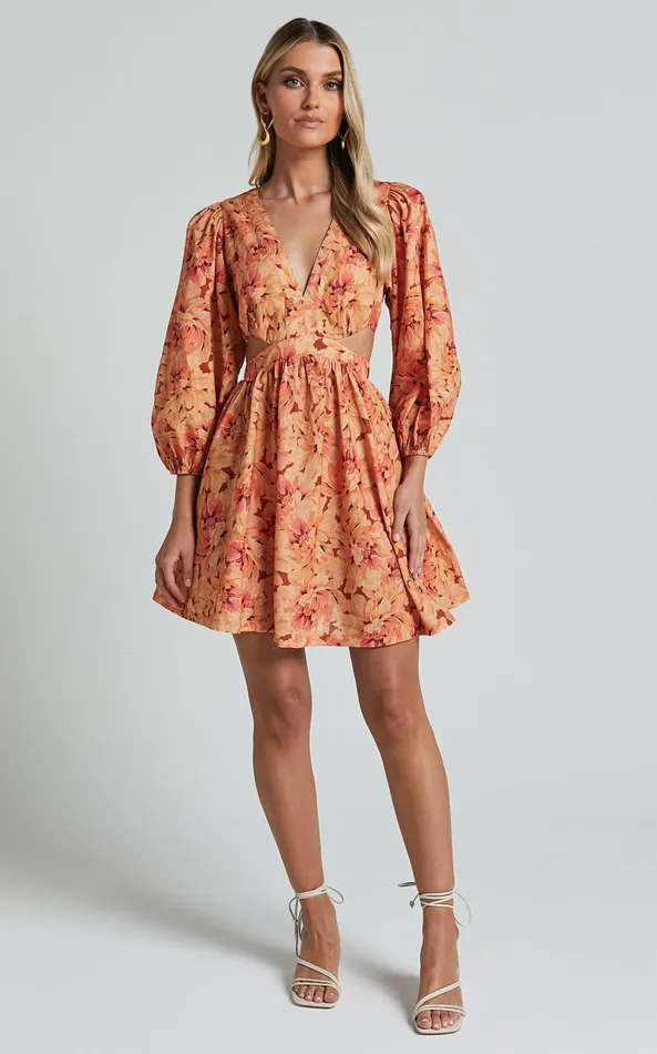 Showpo Amalie The Label 8211 Mariana Linen Blend Balloon Sleeve Mini Dress In Valencia Print Women Dresses