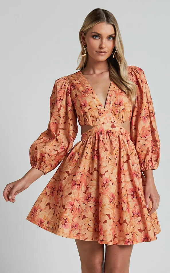 Showpo Amalie The Label 8211 Mariana Linen Blend Balloon Sleeve Mini Dress In Valencia Print Women Dresses
