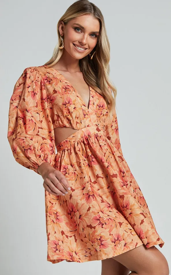 Showpo Amalie The Label 8211 Mariana Linen Blend Balloon Sleeve Mini Dress In Valencia Print Women Dresses