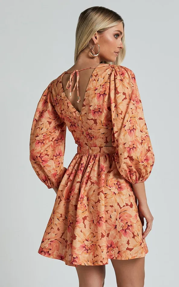 Showpo Amalie The Label 8211 Mariana Linen Blend Balloon Sleeve Mini Dress In Valencia Print Women Dresses