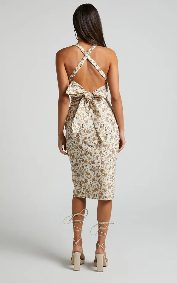 Showpo Amalie The Label 8211 Mariella Linen Blend Gathered Cross Front Open Back Midi Dress In Maya Floral Women Dresses