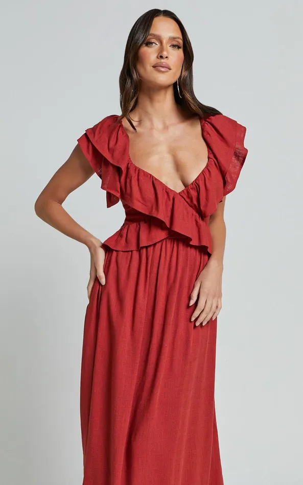 Showpo Amalie The Label 8211 Marisole Linen Blend Frill Detail Backless Midi Dress In Burnt Sienna Women Dresses