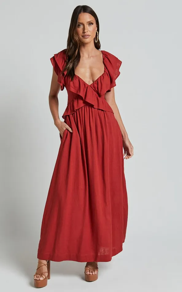 Showpo Amalie The Label 8211 Marisole Linen Blend Frill Detail Backless Midi Dress In Burnt Sienna Women Dresses