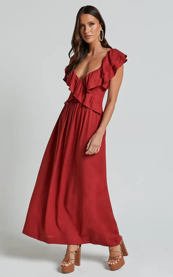 Showpo Amalie The Label 8211 Marisole Linen Blend Frill Detail Backless Midi Dress In Burnt Sienna Women Dresses