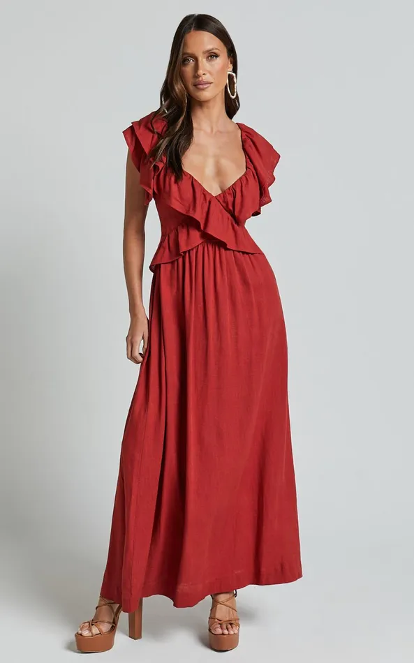 Showpo Amalie The Label 8211 Marisole Linen Blend Frill Detail Backless Midi Dress In Burnt Sienna Women Dresses
