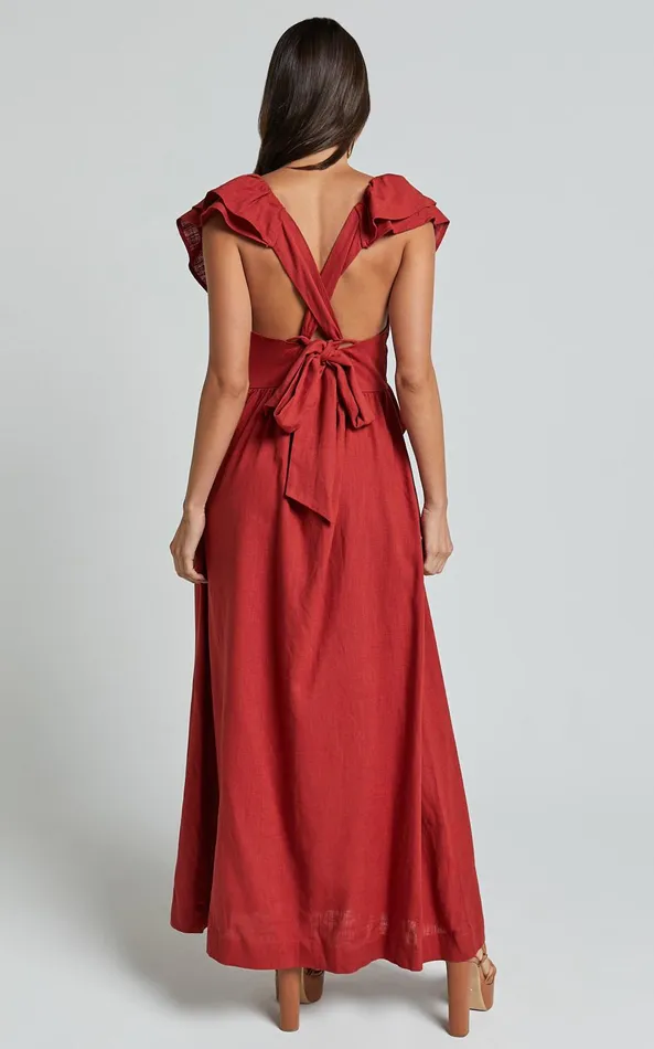 Showpo Amalie The Label 8211 Marisole Linen Blend Frill Detail Backless Midi Dress In Burnt Sienna Women Dresses