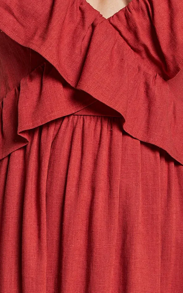 Showpo Amalie The Label 8211 Marisole Linen Blend Frill Detail Backless Midi Dress In Burnt Sienna Women Dresses