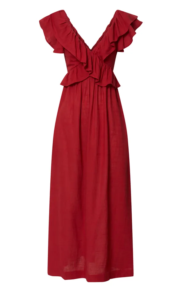 Showpo Amalie The Label 8211 Marisole Linen Blend Frill Detail Backless Midi Dress In Burnt Sienna Women Dresses