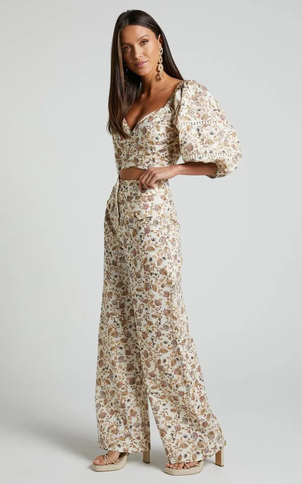 Showpo Amalie The Label 8211 Masden Linen Blend High Waisted Wide Leg Pants In Maya Floral Women Pants