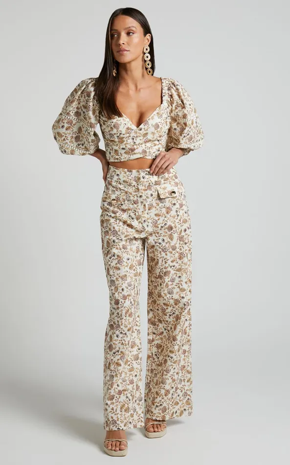Showpo Amalie The Label 8211 Masden Linen Blend High Waisted Wide Leg Pants In Maya Floral Women Pants