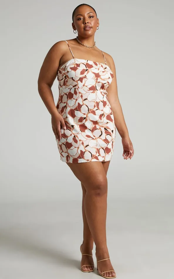 Showpo Amalie The Label 8211 Maya Linen Blend Strappy Bodycon Topstitched Mini Dress In Voyager Floral Women Dresses