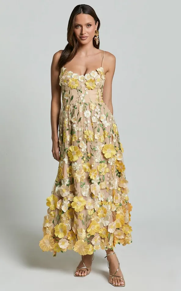 Showpo Amalie The Label 8211 Mia Strappy Flower Detail Midi Dress In Yellow Women Dresses