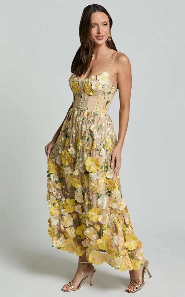 Showpo Amalie The Label 8211 Mia Strappy Flower Detail Midi Dress In Yellow Women Dresses