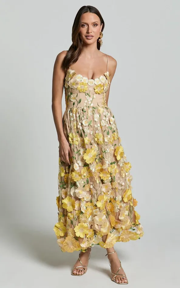 Showpo Amalie The Label 8211 Mia Strappy Flower Detail Midi Dress In Yellow Women Dresses