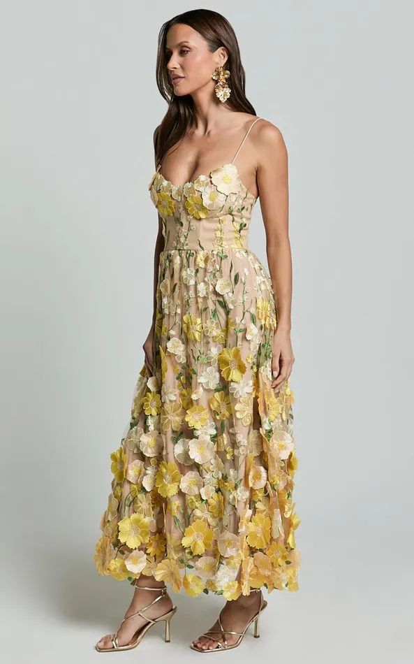 Showpo Amalie The Label 8211 Mia Strappy Flower Detail Midi Dress In Yellow Women Dresses