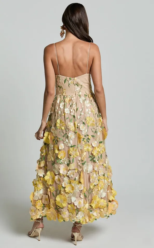 Showpo Amalie The Label 8211 Mia Strappy Flower Detail Midi Dress In Yellow Women Dresses