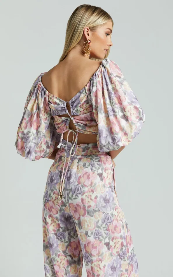 Showpo Amalie The Label 8211 Mimie Linen Blend Short Puff Sleeve Tie Back Top In Aurora Print Women Tops