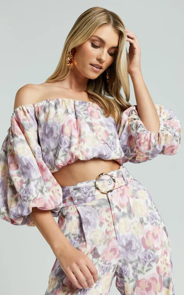 Showpo Amalie The Label 8211 Mimie Linen Blend Short Puff Sleeve Tie Back Top In Aurora Print Women Tops