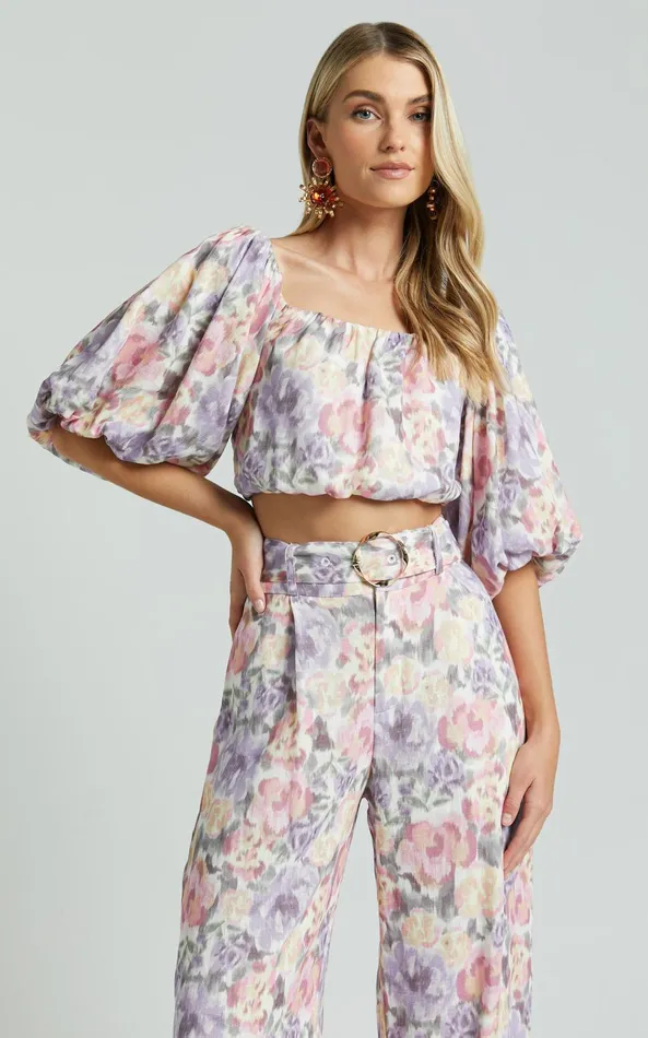 Showpo Amalie The Label 8211 Mimie Linen Blend Short Puff Sleeve Tie Back Top In Aurora Print Women Tops
