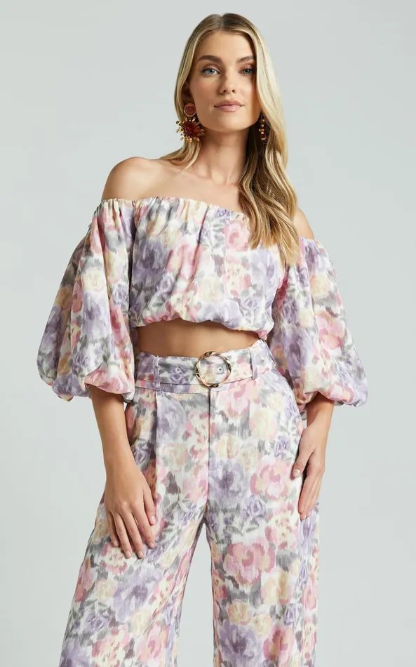 Showpo Amalie The Label 8211 Mimie Linen Blend Short Puff Sleeve Tie Back Top In Aurora Print Women Tops
