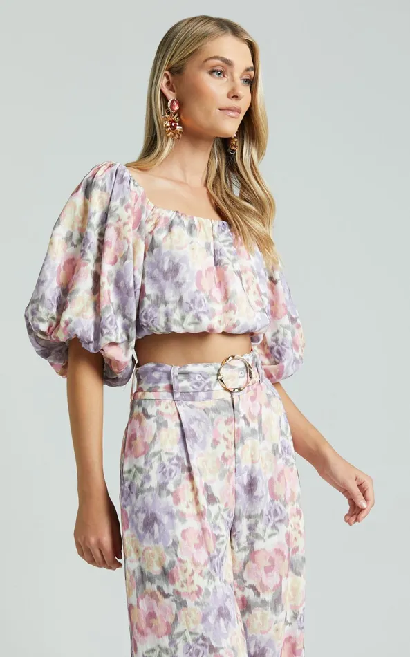 Showpo Amalie The Label 8211 Mimie Linen Blend Short Puff Sleeve Tie Back Top In Aurora Print Women Tops