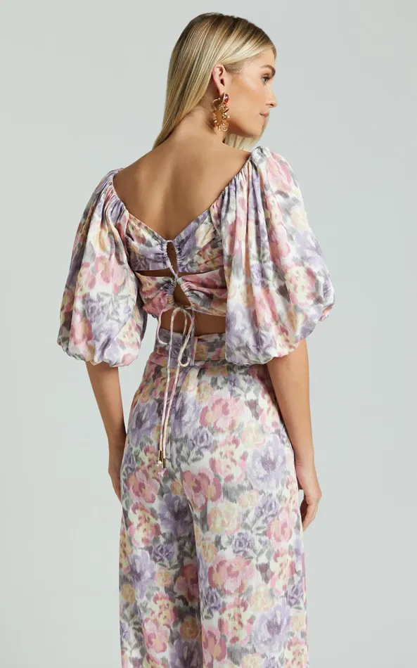 Showpo Amalie The Label 8211 Mimie Linen Blend Short Puff Sleeve Tie Back Top In Aurora Print Women Tops