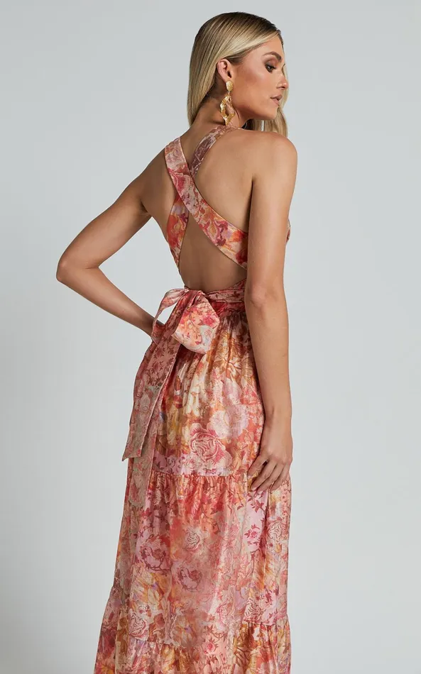 Showpo Amalie The Label 8211 Monte Plunge Neck Tie Back Tiered Maxi Dress In Morocco Print Women Dresses