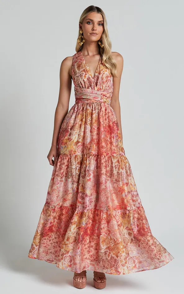 Showpo Amalie The Label 8211 Monte Plunge Neck Tie Back Tiered Maxi Dress In Morocco Print Women Dresses