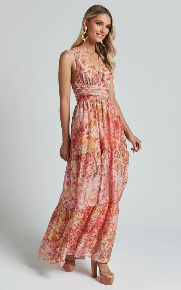 Showpo Amalie The Label 8211 Monte Plunge Neck Tie Back Tiered Maxi Dress In Morocco Print Women Dresses
