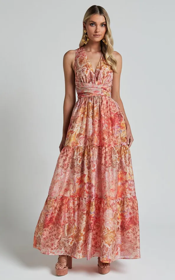 Showpo Amalie The Label 8211 Monte Plunge Neck Tie Back Tiered Maxi Dress In Morocco Print Women Dresses