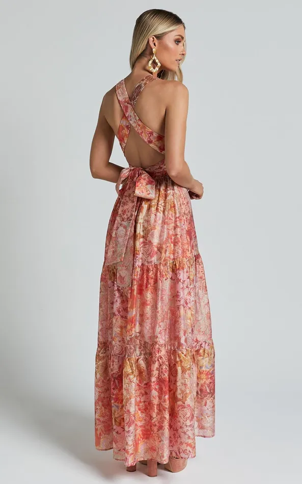 Showpo Amalie The Label 8211 Monte Plunge Neck Tie Back Tiered Maxi Dress In Morocco Print Women Dresses