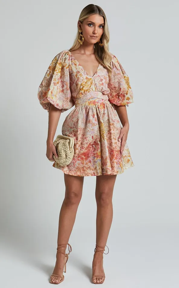 Showpo Amalie The Label 8211 Movida Linen Blend Balloon Sleeve Crossover Band Mini Dress In Morocco Print Women Dresses
