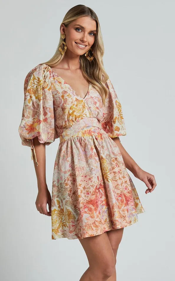 Showpo Amalie The Label 8211 Movida Linen Blend Balloon Sleeve Crossover Band Mini Dress In Morocco Print Women Dresses