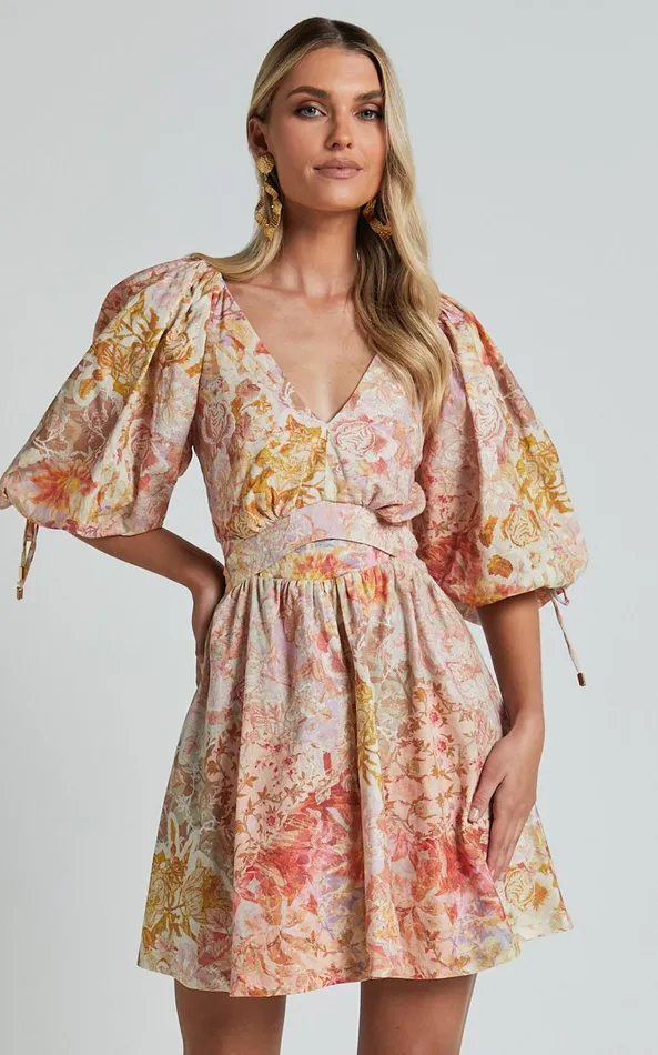 Showpo Amalie The Label 8211 Movida Linen Blend Balloon Sleeve Crossover Band Mini Dress In Morocco Print Women Dresses